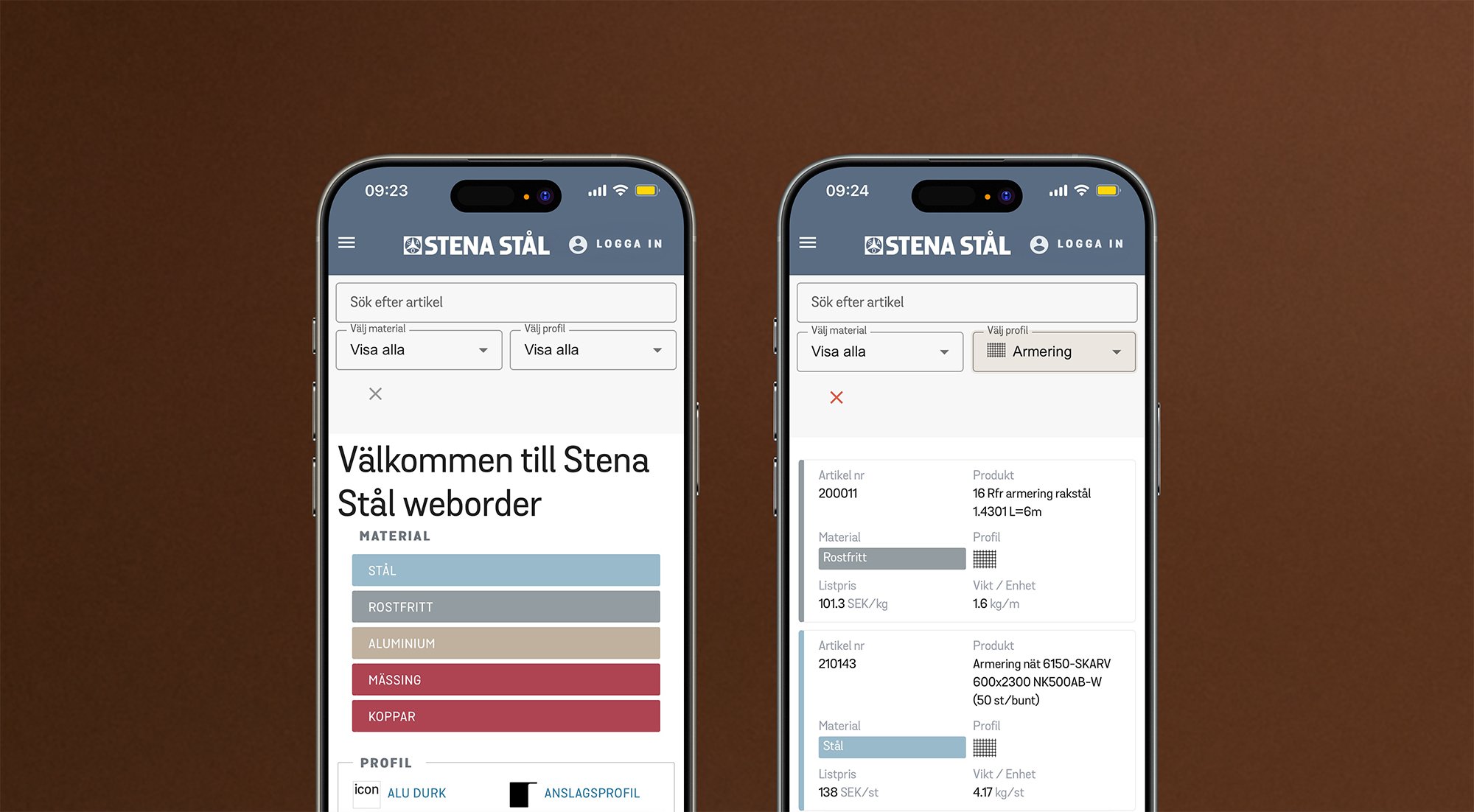 Två mobiltelefoner som visar Stena Ståls weborder.